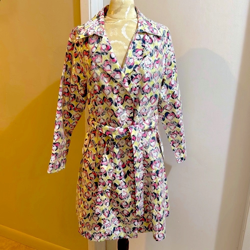Trench Lace Overlay Hearts Yellow Pink Romance Belted Lined Pockets Retro Coat M